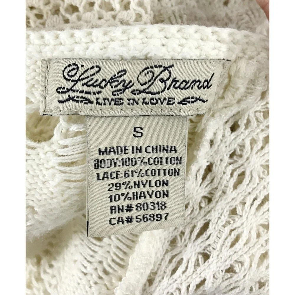 Lucky Brand Women's S‎ Small Lace Crochet Top Bell Sleeve Cream Boho Romantic